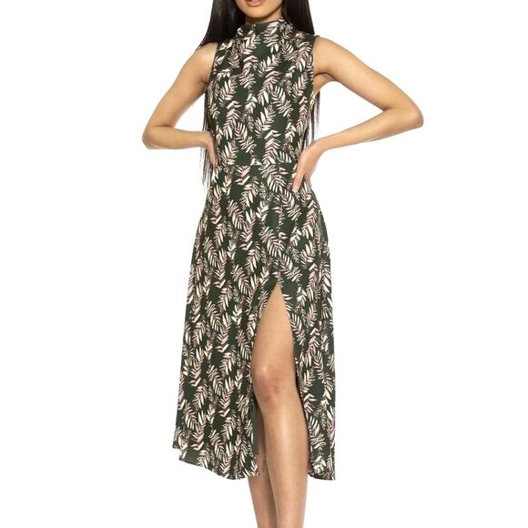 NWT Alexia Admor Veronica Dress Sz 12 Midi Mock Neck ALine Sleeveless Green Palm - Picture 1 of 10
